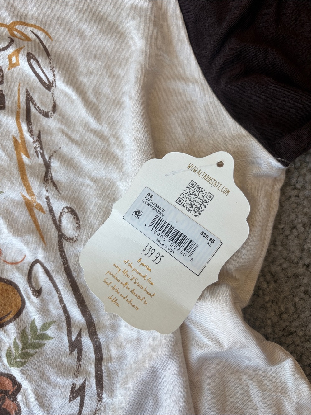 NWT Altar'd State Cream Tee with Brown Trim and Brown Graphic - Picture 4 of 7